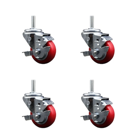 Service Caster 3 Inch Red Polyurethane Wheel Swivel 34 Inch Threaded Stem Caster Set with Brake SCC SCC-TS20S314-PPUB-RED-TLB-34212-4
